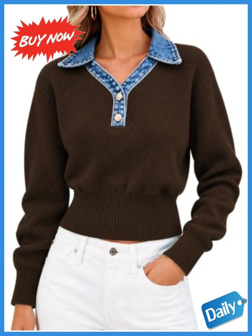 Cropped Denim Polo Sweater Ribbed Knit Button Up Women's Top